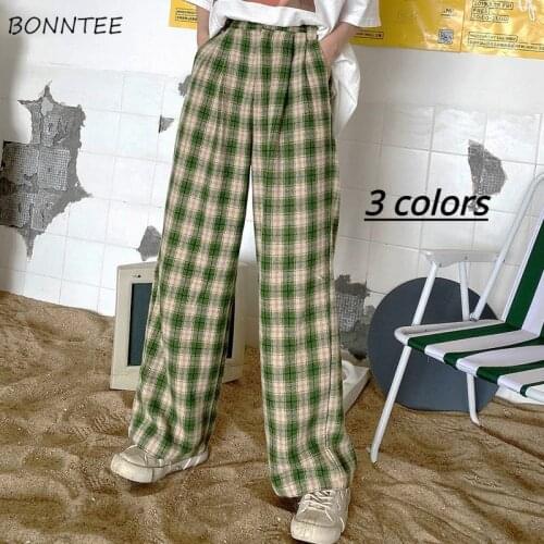 Wide Leg Pants Women Plaid Full Length Summer Elastic Waist Friends Loose All-match Ladies Trousers Mujer Pantalones BF Leisure