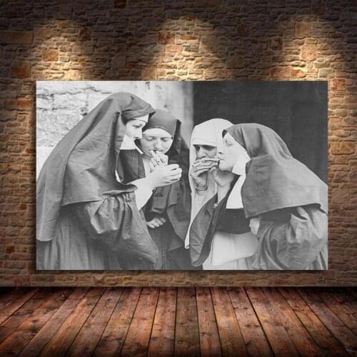 Smoking Nuns Prints Vintage Photo Black and White Poster Cigarette Funny Wall Canvas Painting Picture Weird Living Room Unframed
