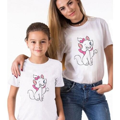 Tshirt For Twinning Mother Daughter Cartoon Aristotle Cat Print Cute Casual Children Clothes Fashion Family Matching Outfits