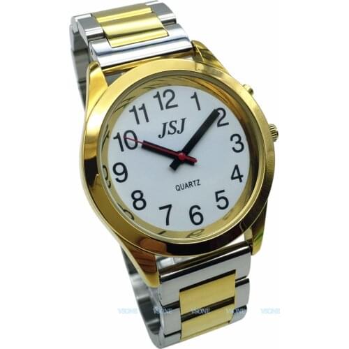 English Talking Watch with Alarm Function, Talking Date and time, White Dial, Folding Clasp, Golden Case TAG-705