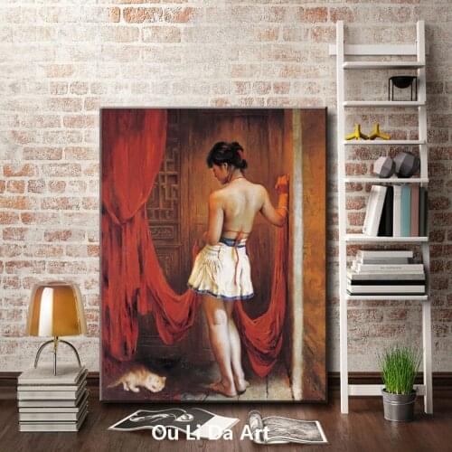 Chinese figures classical girl nude art cat room oil paintings canvas printing printed on canvas wall art decoration picture