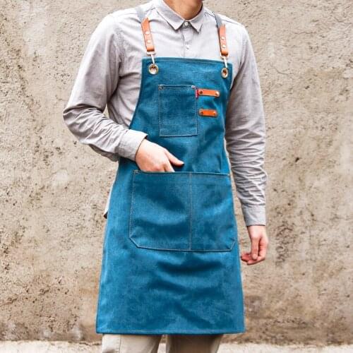 Korean fashion denim canvas apron custom printed LOGO milk tea coffee cake shop baking nails overalls