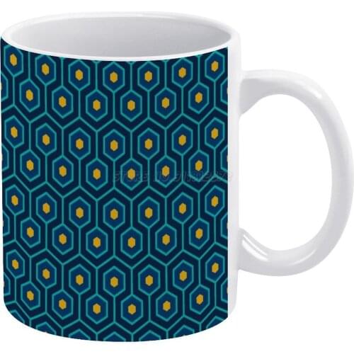 Art Deco Retro Design In Blue & Gold White Mug Coffee Mugs Girl Gift Tea Milk Cup Mugs Hexagon Geomatric Line Pattern Geometric