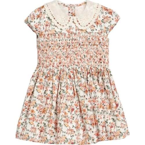 New Summer Kids Floral Printed Light Orange Peter Pan Collar Lace Smock Lantern Girls 2-7yrs Cotton Dresses
