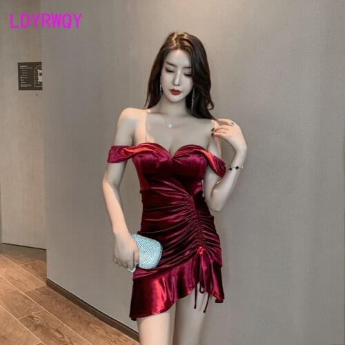 Evening dress low chest slim sexy velvet Office Lady Sheath Zippers Knee-Length Regular Solid
