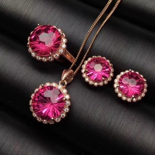 Fashion Sunflower Natural pink Fireworks topaz earrings ring Pendant Natural Gemstone Jewelry Sets 925 Silver Women weddings