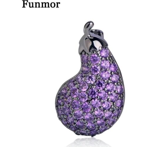 FUNMOR Cute Copper Eggplant Shape Brooch Gun Black Color Full Purple Zircon Corsage Women Kids Small Vegetables Badge Hijab Pins