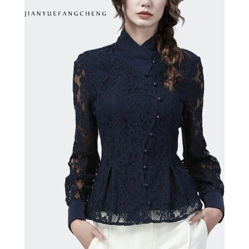 2021 Autumn New Long Sleeve Lace Blouse Women Stand-Up Collar Bottoming Shirt Elegant Hook Flower Hollow Vintage Tunic Tops