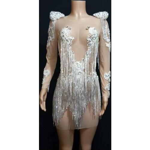 Female Nightclub Perspective of Pearl Sequin Fringe Short Skirt Sexy Women Stretch Skinny Performance Costumes Women Dance Wear