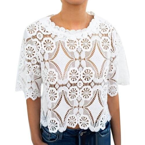 Sexy Women Summer Half Sleeve T-shirt Lace See Through Hollow out Blouse Top Female Knit Blouse Knitted Pullover Tops T shirt