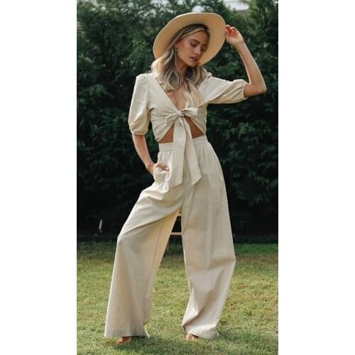 New Womens Clothing Bandage V-Neck Lantern Sleeve Top Fashion Wide Leg Pants Suit Casual Solid LOOSE Womens Suits Donsignet
