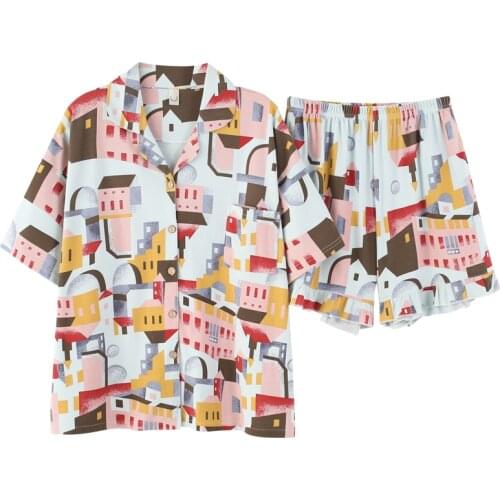 Womens Pajamas Oil Painting Print Sleepwear Comfortable Lapel Home Suit With Shorts Pyjama Summer Pj Set Cotton Loungewear 2021