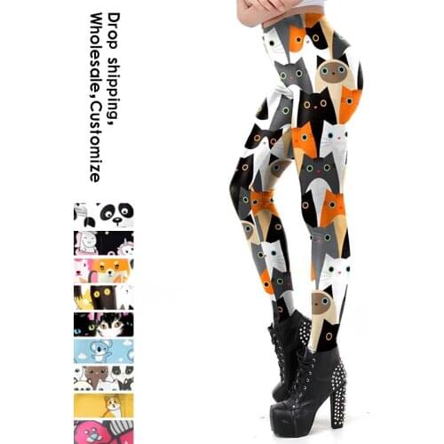 NADANBAO New Cartoon Women Leggings Cat Print Elastic Fitness Leggins High Quality Polyester Plus Size Mid Waist Legins Spring