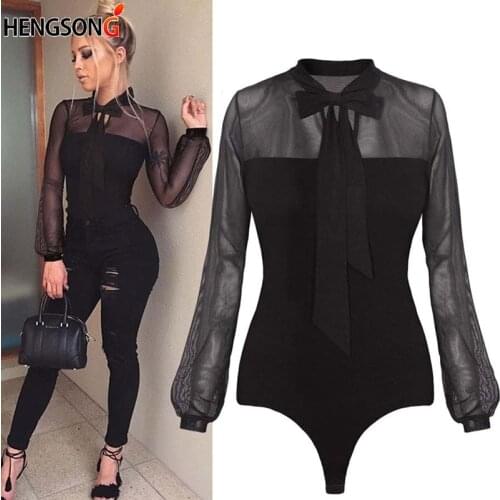 New 2020 Summer Bodysuit Women Bodysuit Bow Tie O Neck Mesh Patchwork Long Sleeve Bodysuit Transparent Overalls For Women Tops