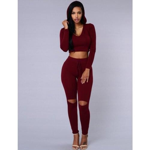 Women Two Piece Outfits Pants 2020 Hot Spring Long Sleeve Ripped Bodycon Rompers and Jumpsuits Casual Red Black Hooded Overalls