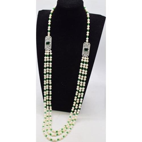 3rows freshwater pearls white 8-9mm white near round and green jade faceted long neklace 85-90cm FPPJ green zircon hook