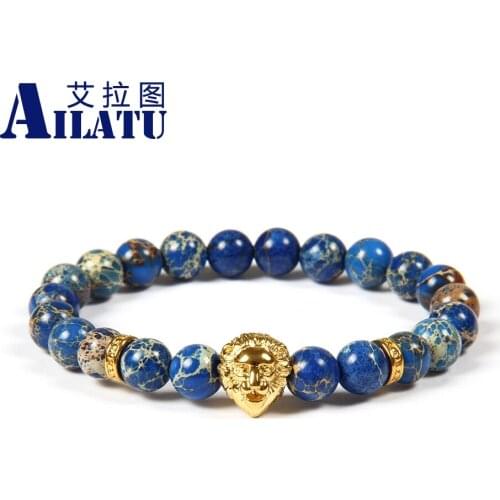 Ailatu New Design Wholesale 10pcs/lot 8mm Blue Sea Seadiment Imperial Stone with Stainless Steel Lion Head Beaded Bracelet