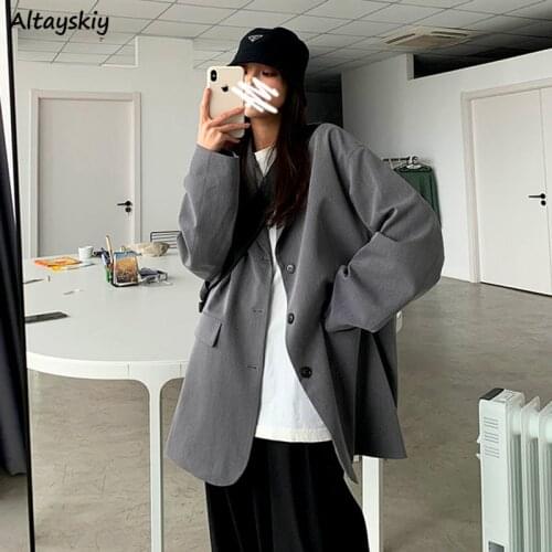Women Blazers Black Gray Long Sleeve Simple Casual Loose Outwear Spring Autumn Female All-match Korean Style Vintage Retro Chic