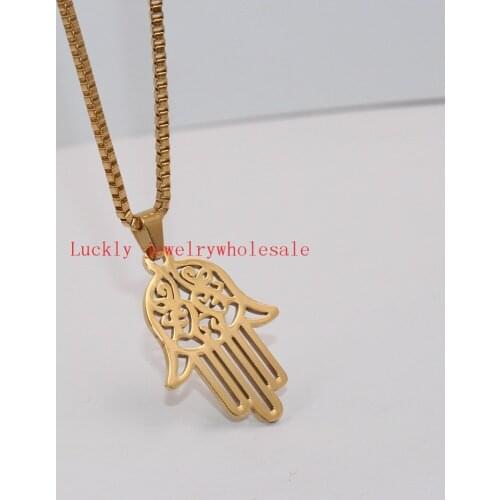 Religious Jewelry Stainless Steel Cool Gold Hamsa Hand Pendant Necklace with box chain 2.4mm 24'' for Mens Gifts