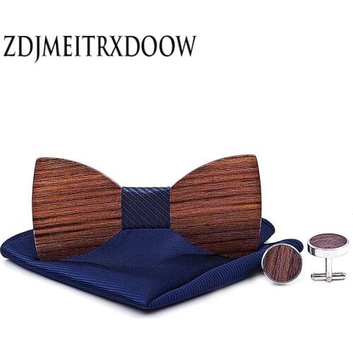 Wood Men ties 2018 Wooden bowtie Jacquard Silk Tie Hanky Cufflinks Set For Business Wedding Party Free Shipping