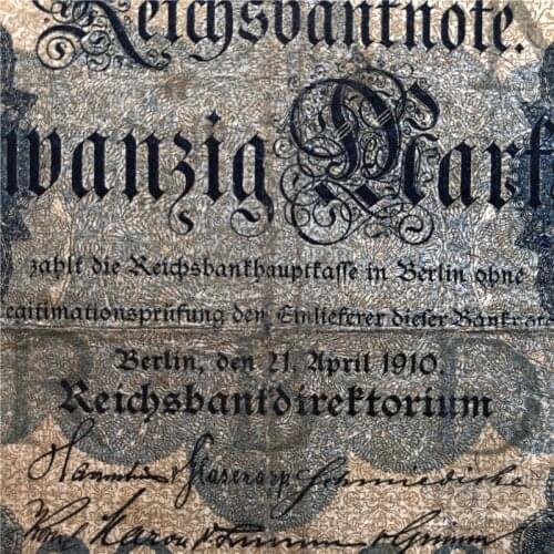 Germany 1910 VF Condition 20 Mark, VF Original Real Note