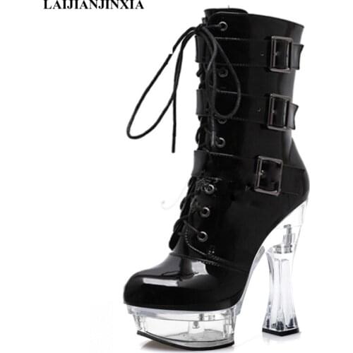 LAIJIANJINXIA New Fashion Women Boots Sexy Ankle Boots Waterproof Platform Party Club Model 14cm High Heels Pole Dancing Shoes