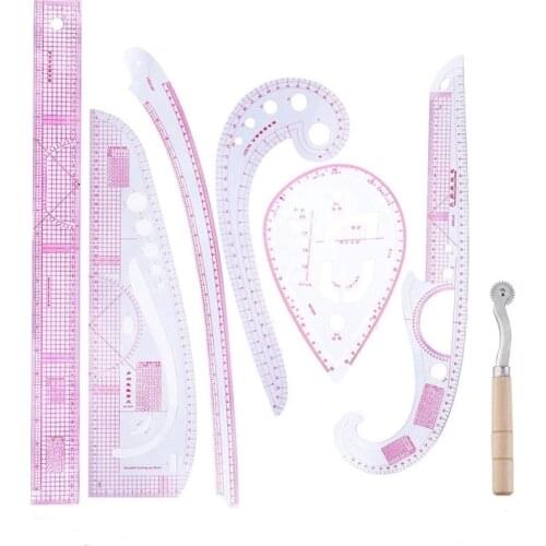 LMDZ 7pcs Ruler Tailor Measuring Kit Clear Sewing Drawing Ruler French Curve Sewing Set Patchwork Rule Combination Paddle Wheel