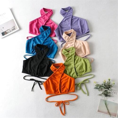 Women Summer Club Party Sexy Cross Halter Hollow Backless Camisole High Street Vest Fashion Casual Lace-Up Fancy Wear Crop Tops