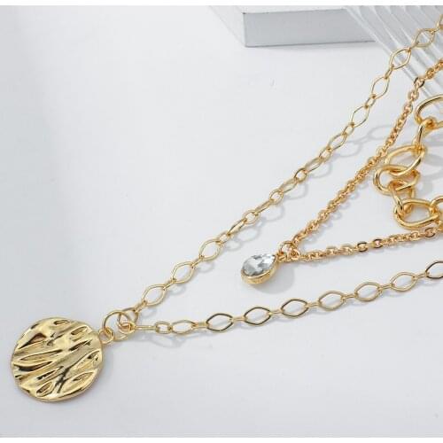 Lifefontier Multilayer Crystal Metal Round Pendant Choker Necklace for Women Punk Gold Color Chunky Chains Necklaces Jewelry