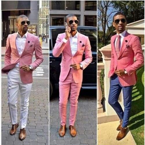 Fashion Wedding Tuxedos Pink 2 Piece Groom Suits Mens Groomsmen Slim Fit Best Man Prom Celebrity Suit (Jacket +Pant)