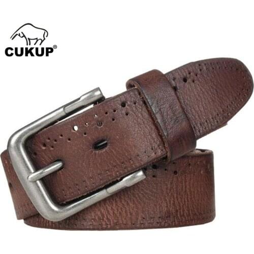 CUKUP Mens Top Quality Solid Coffee Cowskin Leather Belts Alloy Pin Buckle Metal Retro Styles Jeans Belt Accessories 2018 NCK315