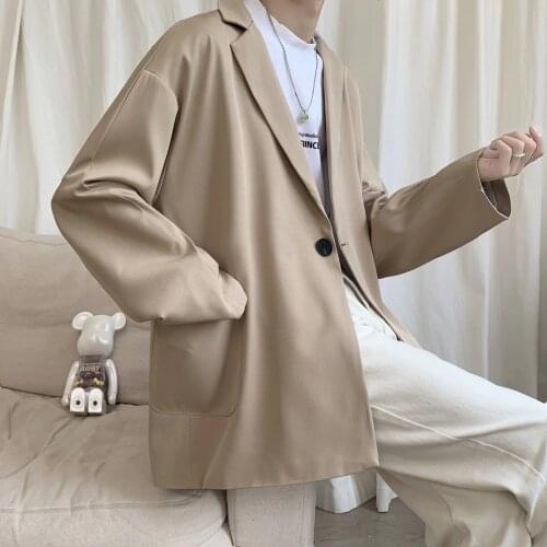 2021 Mens Long Sleeve Pure Color Suit Jacket Top Simple Loose Casual Blazers Fashion Youth Outerwear Western-style Clothes