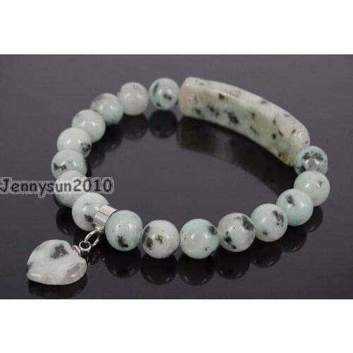 Natural Lotus Ja-sper Gems Stone Heart Bar Round Beads Stretchy Bracelet Healing Reiki Chakra 5Strands / Pack
