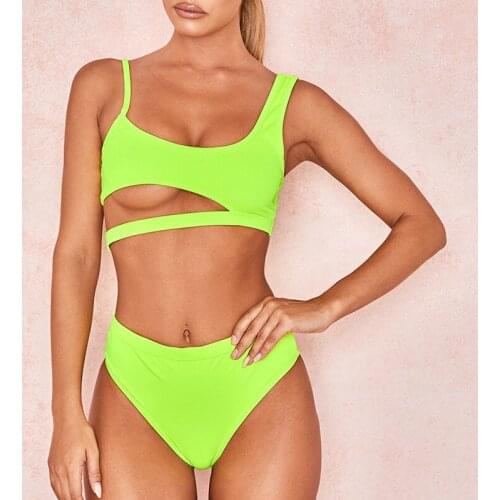 Neon Green Swimsuit Sexy Hollow Swimwear Women Irregular Bikini Set 2020 Biquinis Two Piece Bathing Suit Swimming Suit For Women