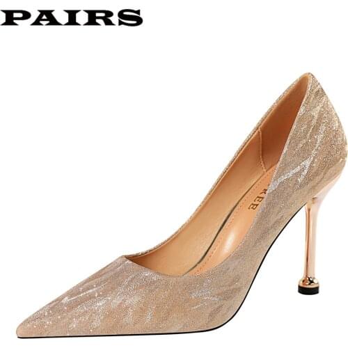 2020 New Spring Women Pumps High Thin Heels Pointed Toe Sexy Bling Bridal Wedding Women Shoes Gold High Heels Ladies Shoes