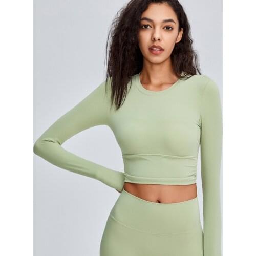 Autumn Women Side Elastic Band Yoga Shirts With Chest Pad Quick-Drying Elastic Slim Long-Sleeve Running Fitness Sport T-Shirt