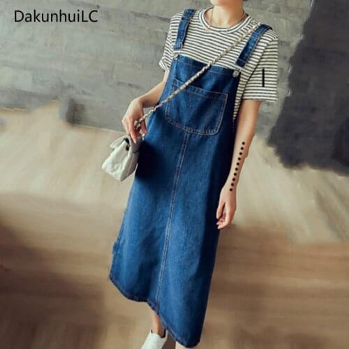 Summer Women Denim Dress Sundress Casual Loose Overalls Dresses Female Solid Adjustable Strap Jeans Dress