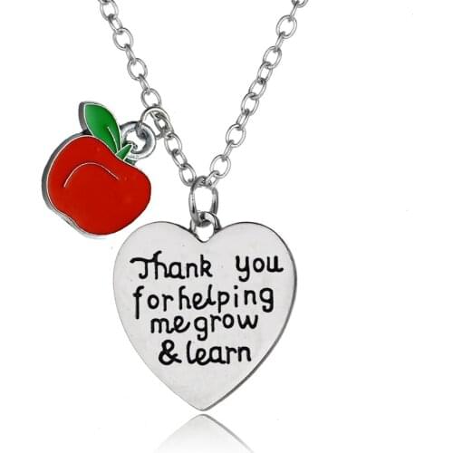 Teacher Jewelry Gifts Thank You For Helping Me Grow&Learn Apple Pendant Teachers Chain Necklaces School Teachers Day Presents