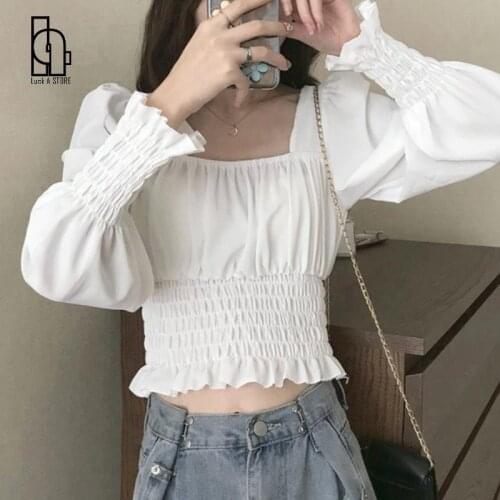 Casual Sweet Female Blouse Women Summer 2021 Slim White France Elegant Blouse Bubble Sleeve High Street Korean Fashion Clothing