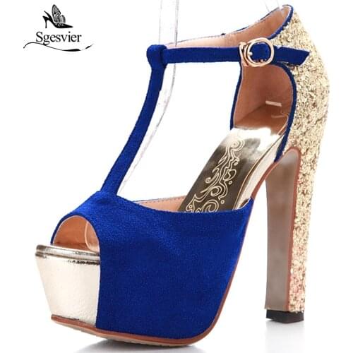 Sgesvier Summer Women Shoes Thick High Heels Platform Party Wedding Sandals Women Sexy T-straps Peep Toe Glitter Shoes OX465