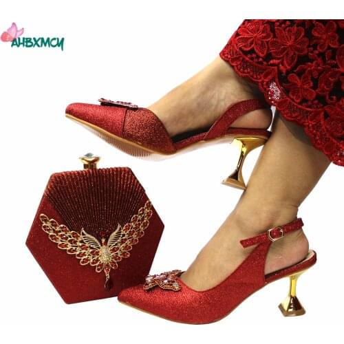 Leisure Comfortable Heels New Design Italian Women Shoes and Bag Set in Red Color Slingbacks with Shinning Crystal Pumps