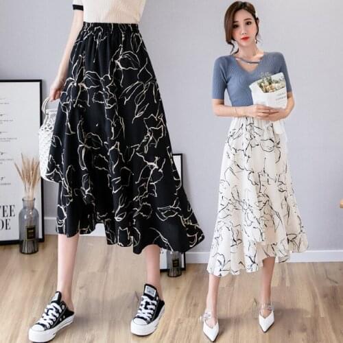 Women Mid-Calf Empire Skirt Ladies Casual Ruffle White Black A-Line Skirts Summer Fashion