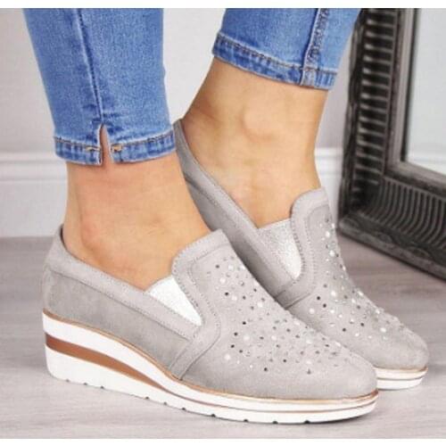 Woman Spring Autumn Loafer Light Weight Platform Casual Shoes Rhinestone Shining Women Shoes Silver Color