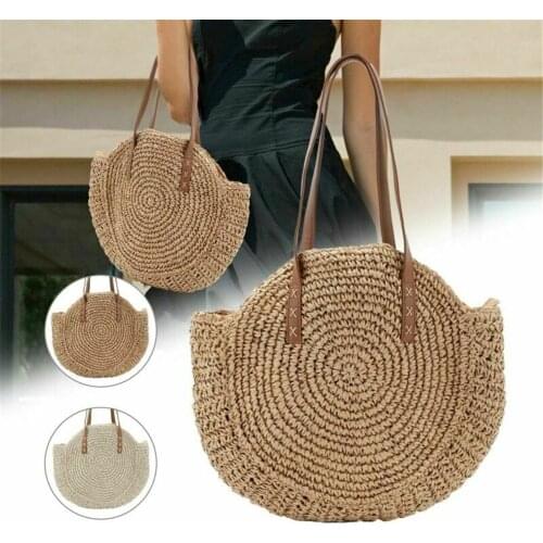 Women Shopper Bohemian Woven Handbag Summer Beach Tote Straw Bag Round Rattan Shoulder Bags Vacation Casual Bags