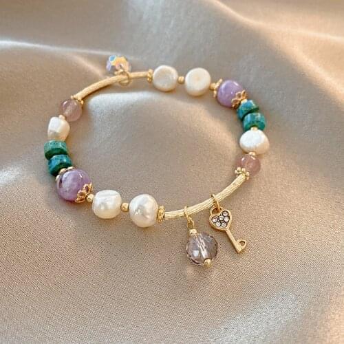 2021 New Love Key Multicolor Crystal Natural Freshwater Pearls Beads Strand Bracelets for Women Female Fashion Jewelry YBR381