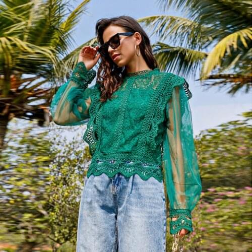 Womens Hollow Crocheted Bubble Long-sleeved Cardigan Temperament Bottoming Lace Shirt White Solid Color Sexy Party Office Top