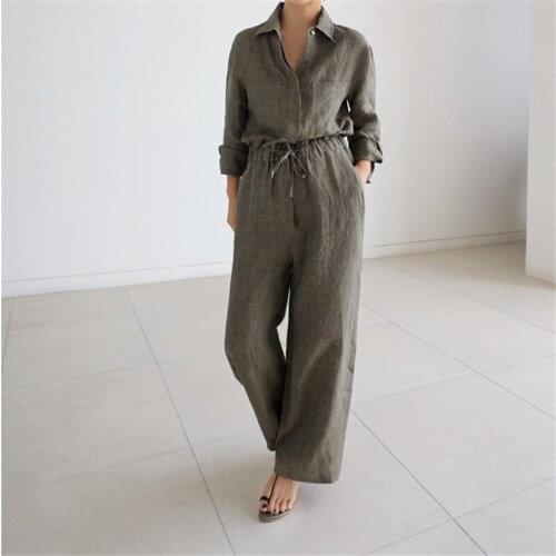 Johnature Autumn New Korean Shirt Plus Size Adjustable Waist Women Jumpsuits 2021 Casual Solid Color Ankle-length Bodysuits