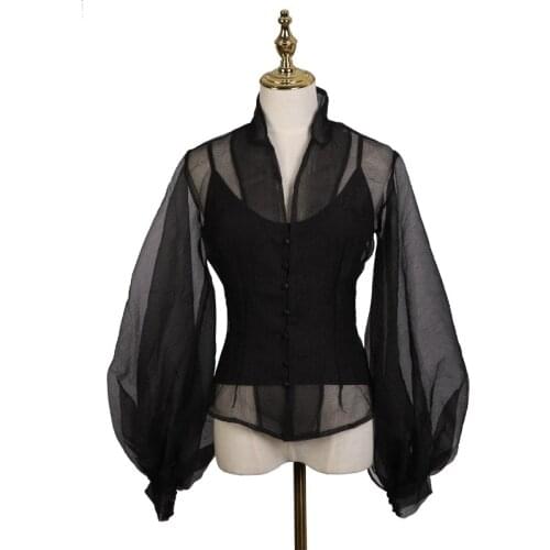 Summer New Style Shirts For Women Net Yarn See-Through Puff Sleeve Slim Sexy Blouse+Tank Top Two Piece Set