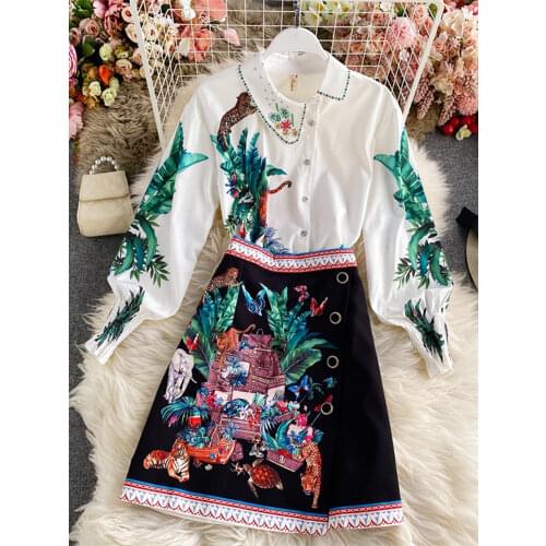 Fashion Autumn Flower Animal Print Two Piece Set Women Long Lantern Sleeve Cartoon Blouse Shirt + Button Split Skirt Suit