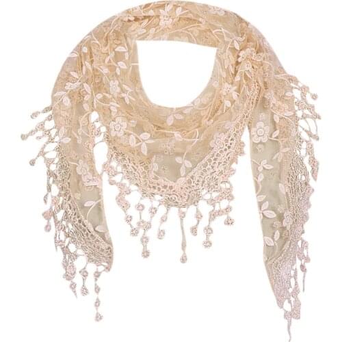 Women Lace Sheer Spliced Floral Scarf Shawl Wrap Tassel Scarf Pure Color Elegant Beach Style Vintage Silk Scarves Бандана